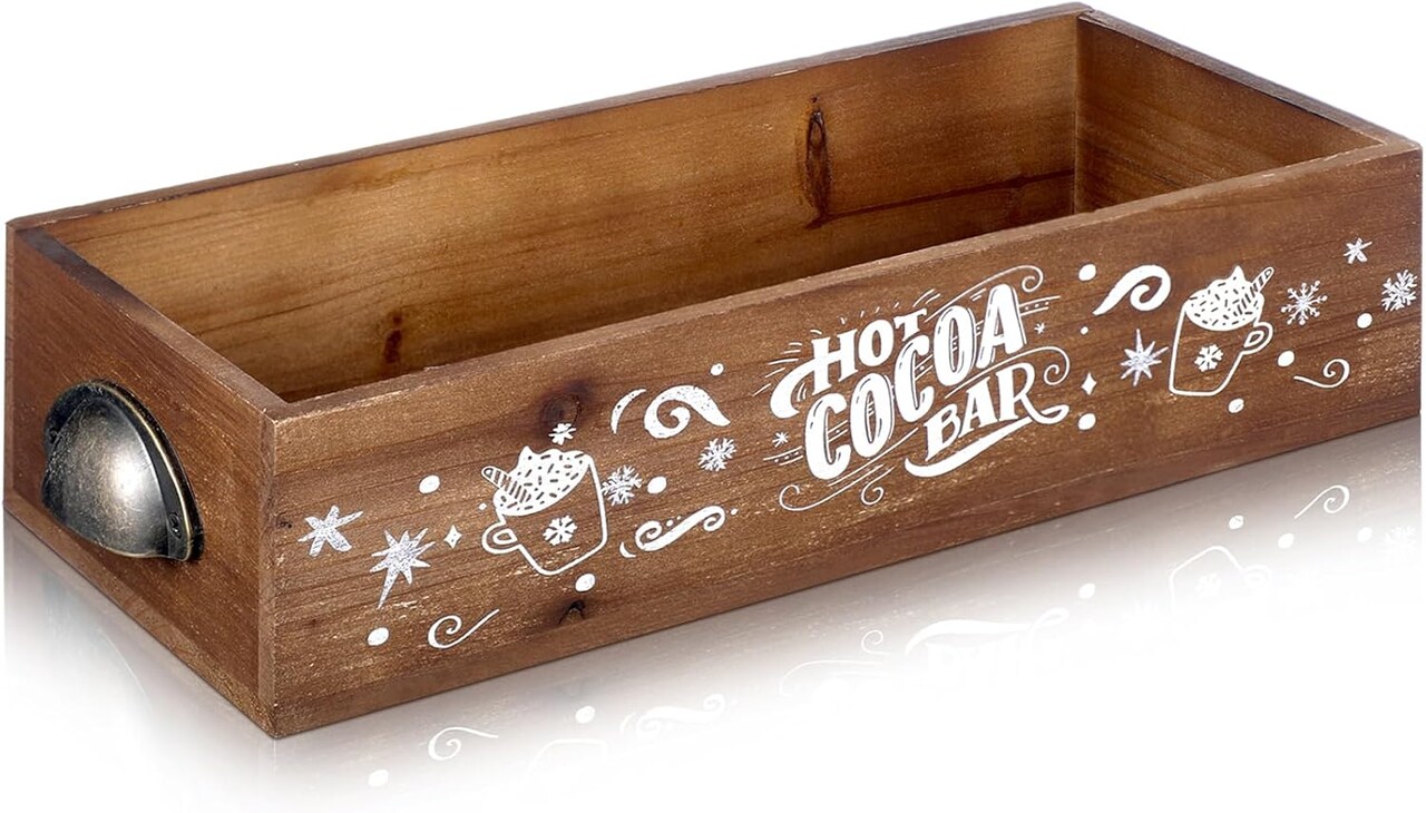 Hot Cocoa Bar Wood Storage Box Decorative Christmas Cute Wooden Storage Bins Farmhouse Open Holder Box Coffee Station Organizer for Xmas Holiday Bar Home Office Countertop(Brown,Retro)